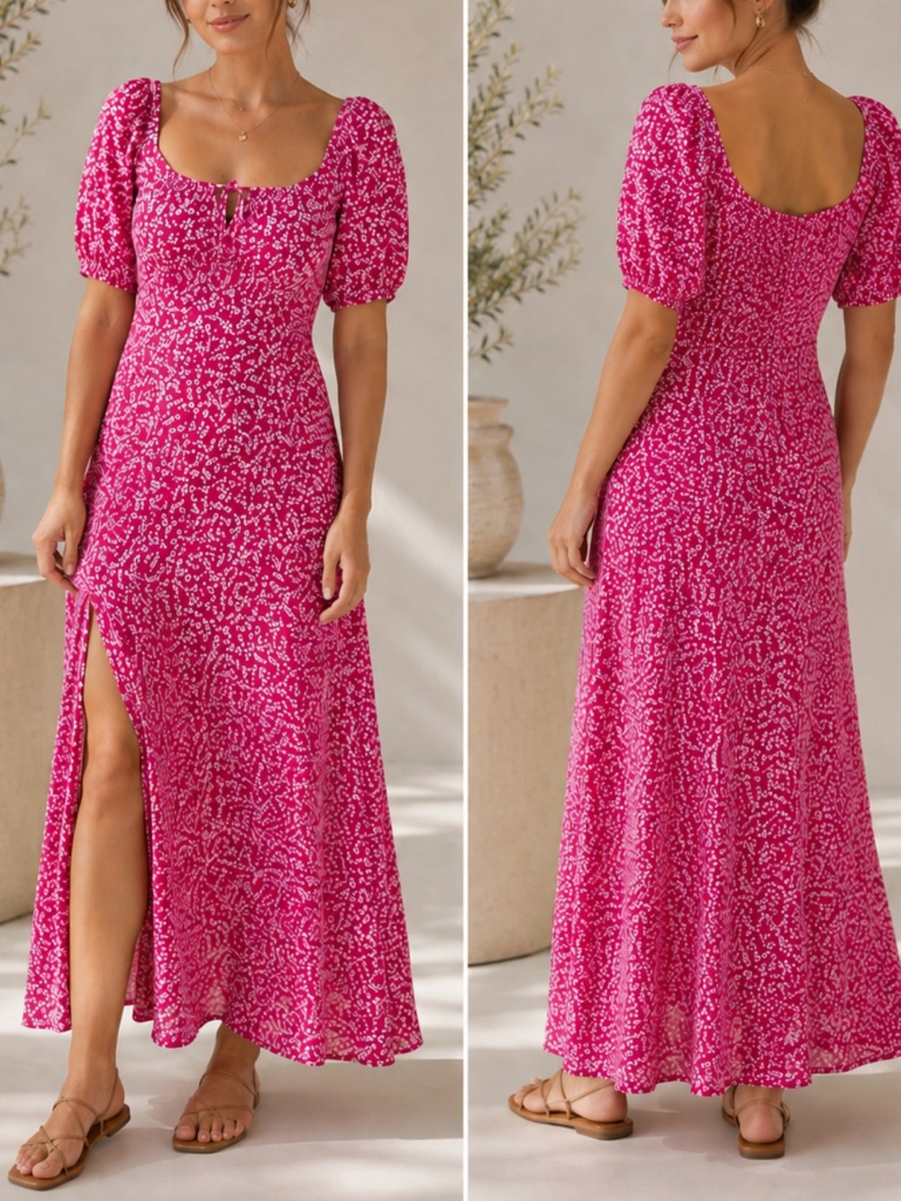 Pink Floral Puff-Sleeve Maxi Dress